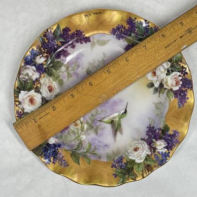 Signed Vintage Collector Plate Hummingbirds & Purple Flowers with Gold leaf Border