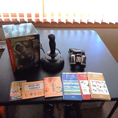 WINDOWS GAME CONTROL, BINOCULARS, PAMPHLETS AND GLASS POP BOTTLES