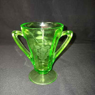 GREEN DEPRESSION GLASS CAKE PLATE AND CREAM/SUGAR SET