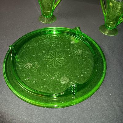 GREEN DEPRESSION GLASS CAKE PLATE AND CREAM/SUGAR SET