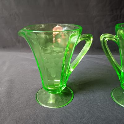 GREEN DEPRESSION GLASS CAKE PLATE AND CREAM/SUGAR SET