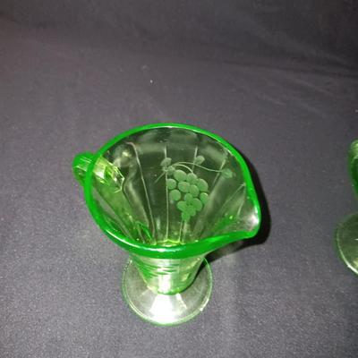 GREEN DEPRESSION GLASS CAKE PLATE AND CREAM/SUGAR SET