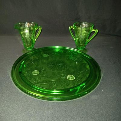 GREEN DEPRESSION GLASS CAKE PLATE AND CREAM/SUGAR SET