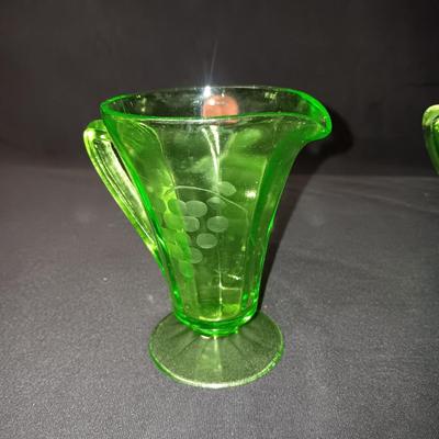 GREEN DEPRESSION GLASS CAKE PLATE AND CREAM/SUGAR SET