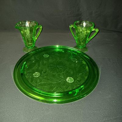 GREEN DEPRESSION GLASS CAKE PLATE AND CREAM/SUGAR SET