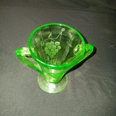 GREEN DEPRESSION GLASS CAKE PLATE AND CREAM/SUGAR SET