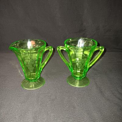 GREEN DEPRESSION GLASS CAKE PLATE AND CREAM/SUGAR SET
