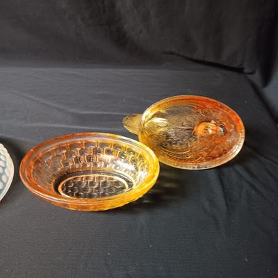 MOONSTONE BOWL AND YELLOW HEN ON NEST
