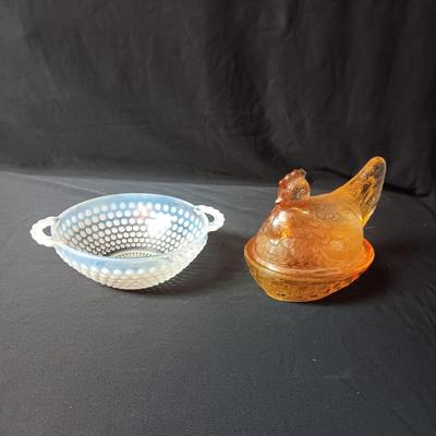 MOONSTONE BOWL AND YELLOW HEN ON NEST