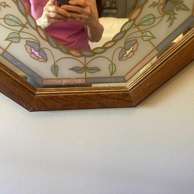Vintage large mirror wirh blue & pink trim. 31” x 22”. beauriful. ready to hang.