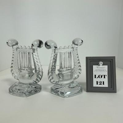-121- FOSTORIA | Clear Glass Harp Lyre Bookends