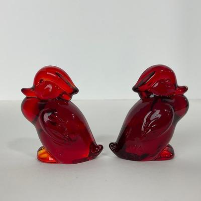 -155- HEISEY | By Dalzell Imperial Ruby Red Standing Wood Ducklings | Marked