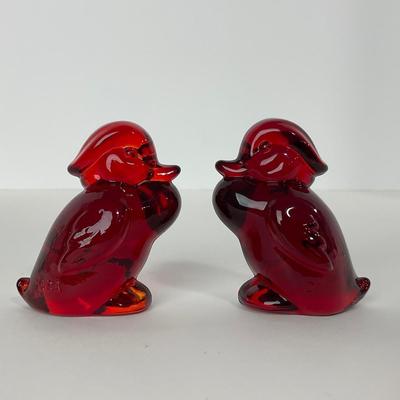 -155- HEISEY | By Dalzell Imperial Ruby Red Standing Wood Ducklings | Marked