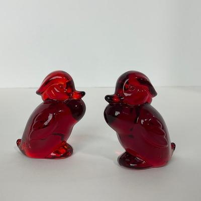 -155- HEISEY | By Dalzell Imperial Ruby Red Standing Wood Ducklings | Marked