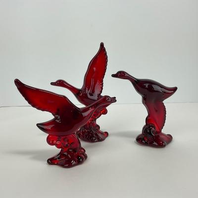 -196- HEISEY | By Dalzell Ruby Red Mallards Marked | Set Of Three