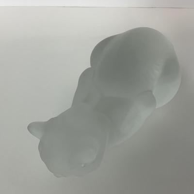 -197- LALIQUE | France Frosted Heavy Crouching Cat | Signed