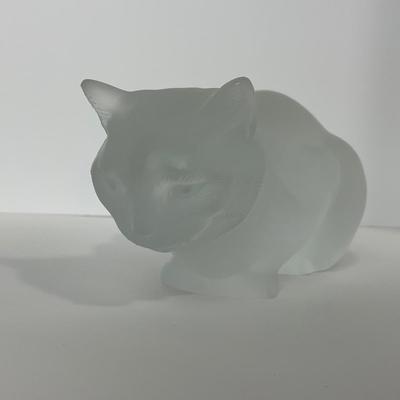 -197- LALIQUE | France Frosted Heavy Crouching Cat | Signed