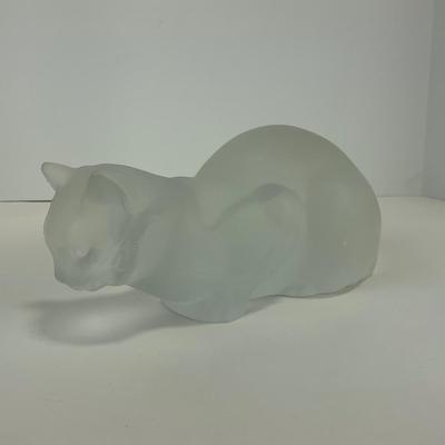 -197- LALIQUE | France Frosted Heavy Crouching Cat | Signed