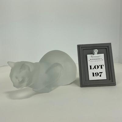 -197- LALIQUE | France Frosted Heavy Crouching Cat | Signed