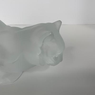 -197- LALIQUE | France Frosted Heavy Crouching Cat | Signed