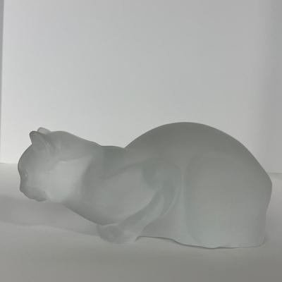 -197- LALIQUE | France Frosted Heavy Crouching Cat | Signed