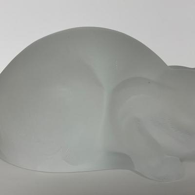 -197- LALIQUE | France Frosted Heavy Crouching Cat | Signed