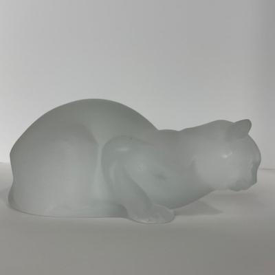 -197- LALIQUE | France Frosted Heavy Crouching Cat | Signed