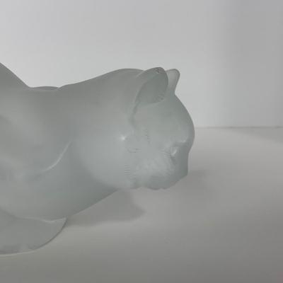 -197- LALIQUE | France Frosted Heavy Crouching Cat | Signed