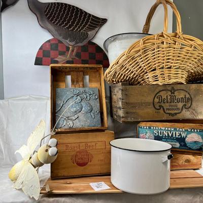 Farm Fruit Box Basket and enamel Home or retial decor