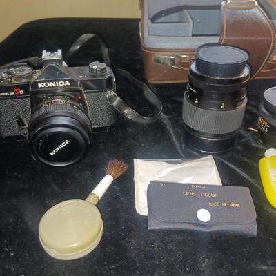 KONICA 35MM CAMERA W/LENSES, CASE AND MORE