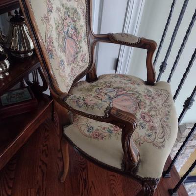 Vintage French Louis XV Carved Walnut Framed Armchair with Tapestry Upholstered Seat and Back