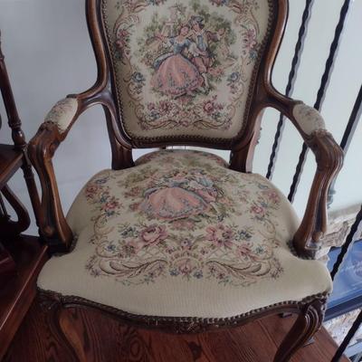Vintage French Louis XV Carved Walnut Framed Armchair with Tapestry Upholstered Seat and Back