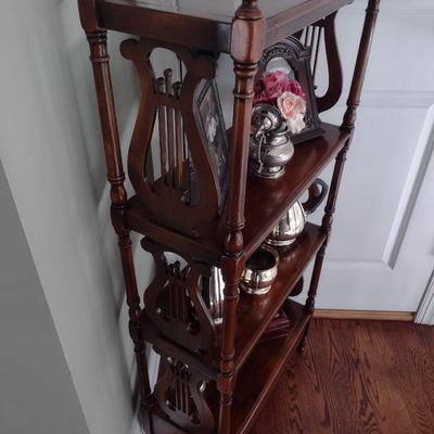 Vintage Solid Wood Mahogany Four-Tier Etagere with Decorative Harp Side Panels (No Contents)