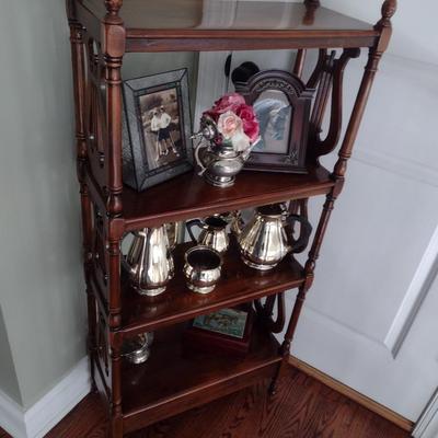 Vintage Solid Wood Mahogany Four-Tier Etagere with Decorative Harp Side Panels (No Contents)