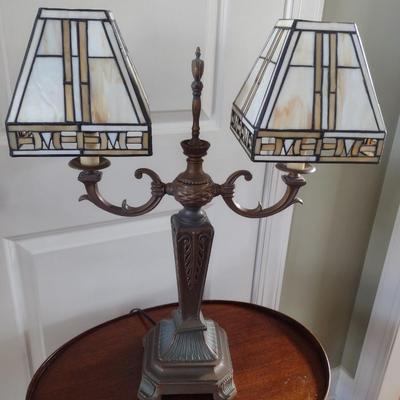 Double Arm Art Deco Tiffany Style Shade Table Lamp with Resin Post and Base