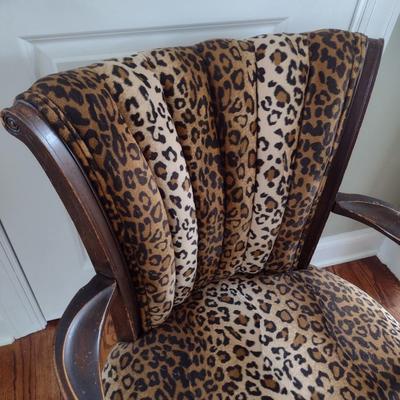 Carved Wood Framed Armchair with Flared Tufted Back Upholstered with Leopard Print