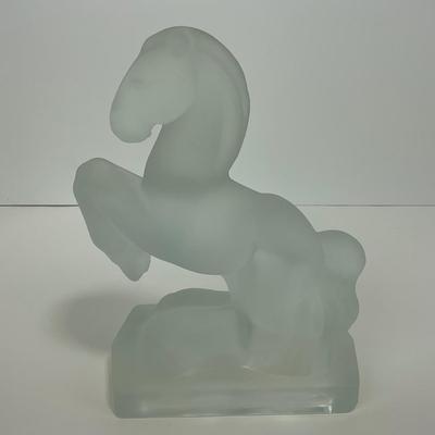 -303- FOSTORIA | Frosted Clear Glass Rearing Horse Bookend Figure
