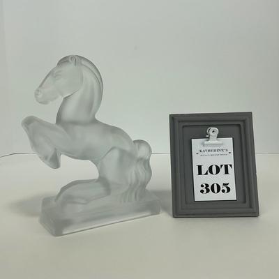-305- FOSTORIA | Frosted Clear Glass Rearing Horse Bookend Figure