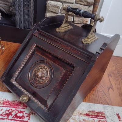 Large Antique Dark Walnut Ash Scuttle with Brass Fixtures