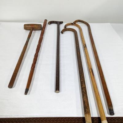 Collection of Wooden Walking Sticks & Mallet