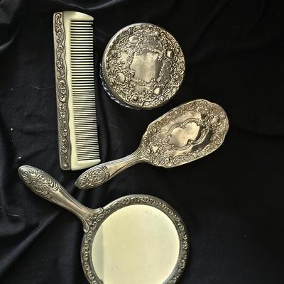 Vintage Silver Plate Vanity Set of Four items with Glass and Crystal Dressing Set