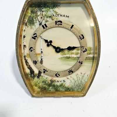 Waltham hand painted brass and porcelain desk clock