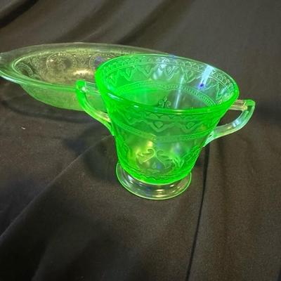 Two uranium glass table pieces - serving bowl and sugar dish
