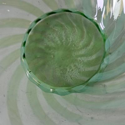 Fenton Art Glass Vaseline in Pulpit Spiral Optic ruffled bowl Lime Green