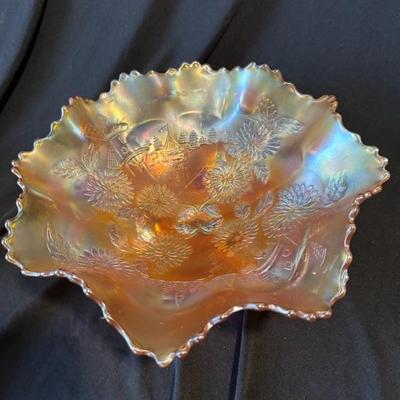 Fenton rare 1930s marigold 3 footed glass bowl carnival glass iridescent windmills and chrysanthemum