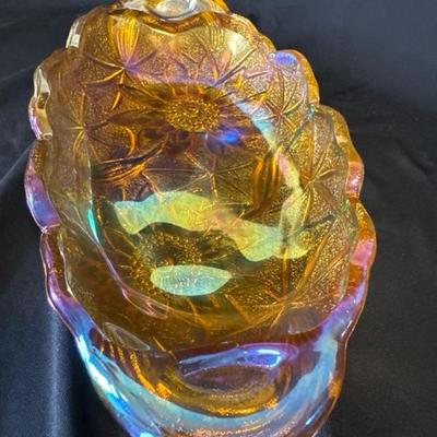 Vintage Indiana Glass Amber Carnival Glass Handled Oval Dish Sunflowers (9.5' x 5" x 2')