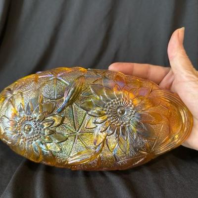 Vintage Indiana Glass Amber Carnival Glass Handled Oval Dish Sunflowers (9.5' x 5" x 2')