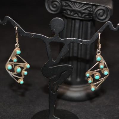 Vintage 925 Sterling Drop Earrings with Turquoise 4.9g