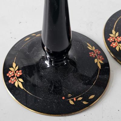 Cambridge Ebony Glass Candlesticks - handpainted, antique black glass