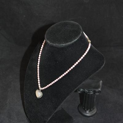 Sweet Pink Pearl Necklace w/ 925 Marcasite and Mother of Pearl Heart Pendant 16